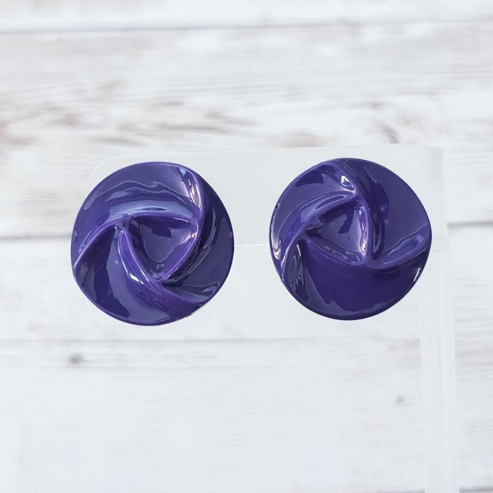 Vintage Clip On Earrings Large Purple Circle with Design Statement 1"
